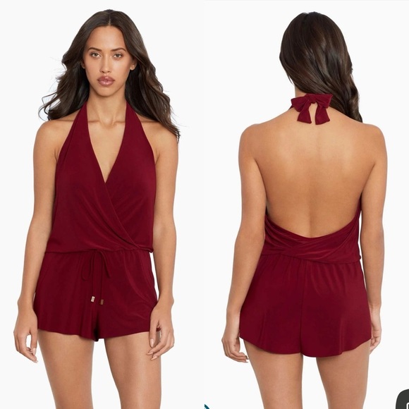 NWT Magicsuit Size 16 Merlot Red Bianca One Piece Romper Swimsuit Halter Shorts - Picture 1 of 6